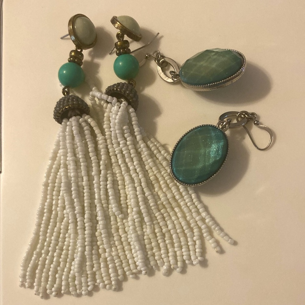 Turquoise color stones and beaded tassel earring & green dangle earrings bundle